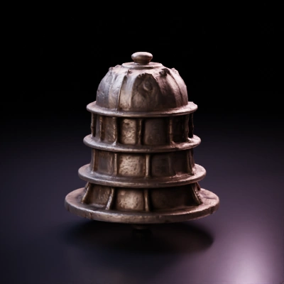 Vintage metallic bell-shaped structure with rivets, architectural design.