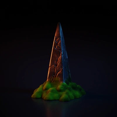 Obelisk-like structure with vines and foliage.