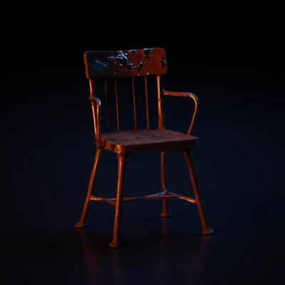 Rusty metal chair with armrests.