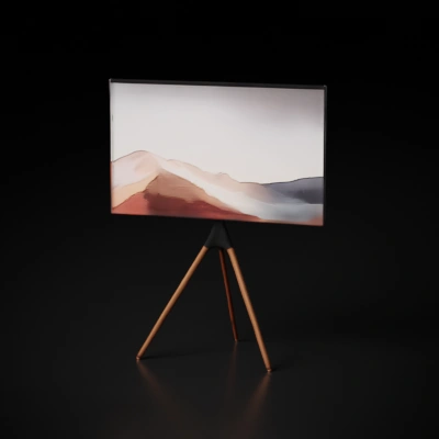 Modern flat-screen monitor on wooden tripod stand.