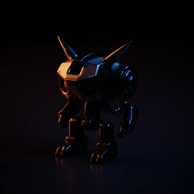Mech robot with horns, red eyes, futuristic design.