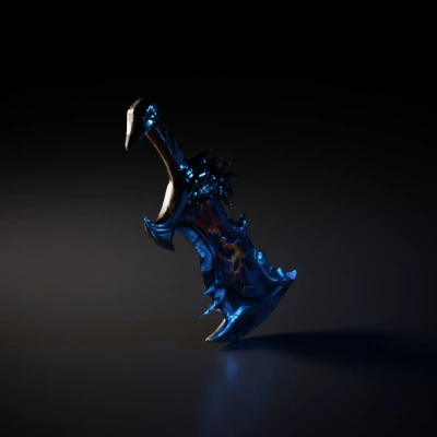 Massive black sword with jagged edges, intricate design, fantasy style. A metal short blade with glowing flame-like etchings along its length. Wrapped in leather at the hilt, it is exceptionally sharp overall.