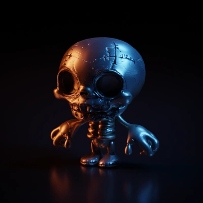 Cartoonish skeletal figure with large head and stitched details.
