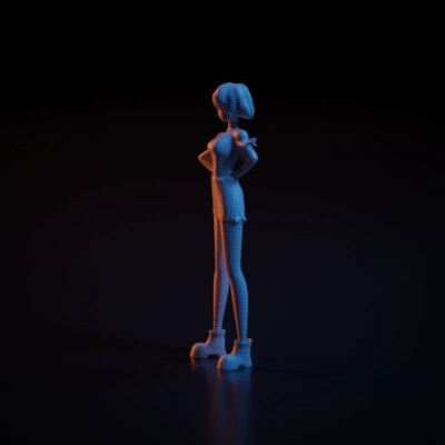 3D model of a stylized female character.