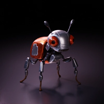 Insectoid robot with expressive eyes, mechanical limbs.