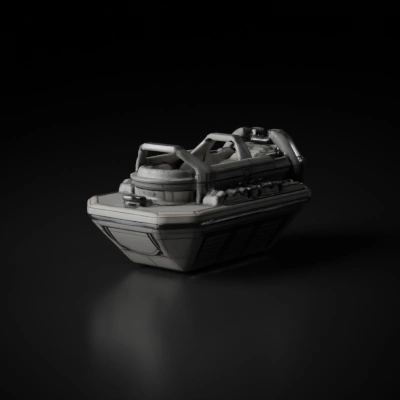 Sleek futuristic vehicle with detailed design, multiple seats.