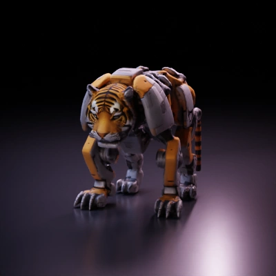 Robotic tiger with mechanical limbs and parts.