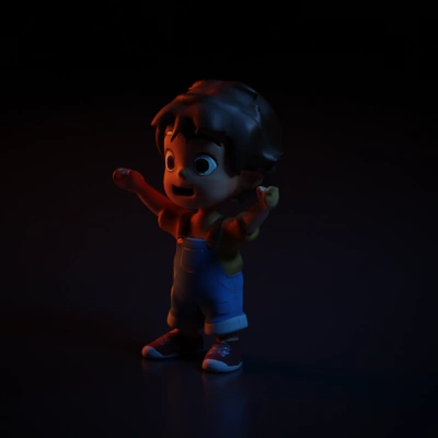 Excited little boy, overall shorts, big eyes, five fingers.