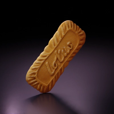 Caramelized biscuit with brand lettering.