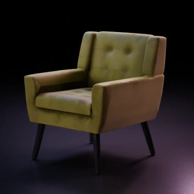 Modern upholstered armchair, four legs, backrest, armrests.
