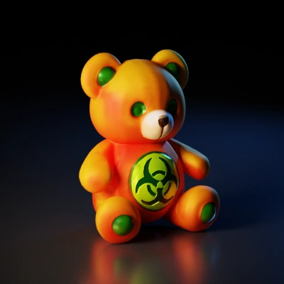 Toy teddy bear with biohazard symbol.