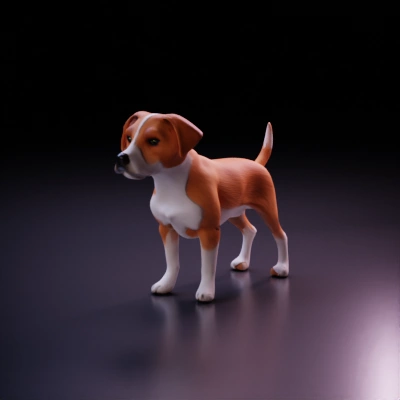 Dog, digitally rendered, with white and brown fur. a little more brown on the chest, and the tail a little longer. Light brown eyes.