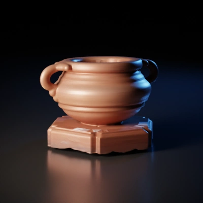 Round pot with handles, placed on a pedestal.