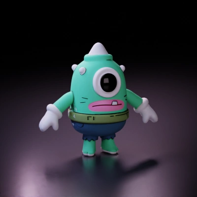 cartoonish green monster with one eye. horns on top of head, gloves, dark shorts