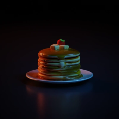 Stack of pancakes with maple syrup, butter, and a strawberry.