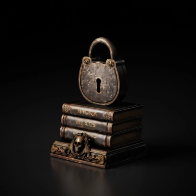 A lock on top of stacked magic books.