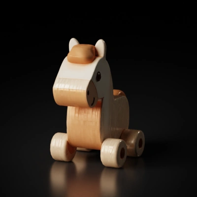 Wooden toy horse on wheels.