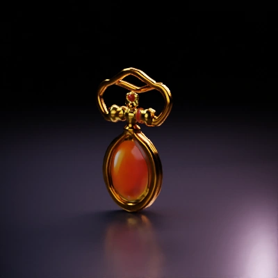 Gold pendant with red gemstone, intricate design.