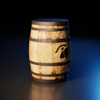 Wooden barrel with logo.
