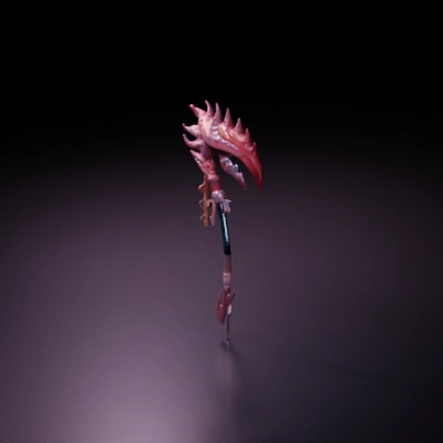 Very hard bony spikes with symmetrical spikes on the back of the sickle,Scythe of bone and flesh, grotesque and menacing design. the proportions restore the original painting, the shape structure is reasonable and beautiful, and the sense of texture and volume should be expressed, the color is transparent, and the light and shade treatment can not be dirty, the changes of cold and warm are reasonable, the material properties are clear, the textures are refreshing and clean, the colors are rich and not messy, try to avoid pure black and pure white,  the handshake is tied with a green bandage, there is a feather pendant in the middle,and the texture is appropriate 2048 fineness