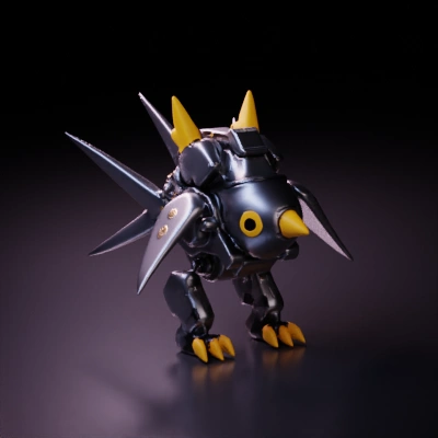 Robotic penguin with battle spikes and mechanical legs.