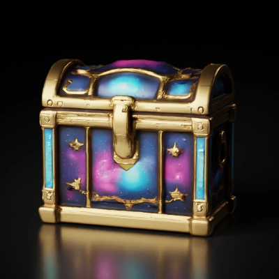 Treasure chest emitting cosmic aura, intricate metal details.