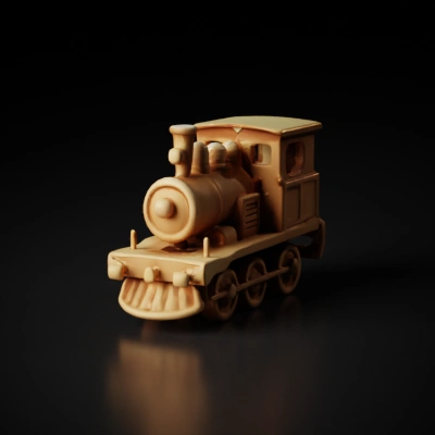 Toy train model, detailed steam engine, four wheels.
