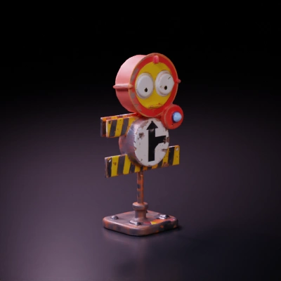 Cartoonish robot with a directional sign.