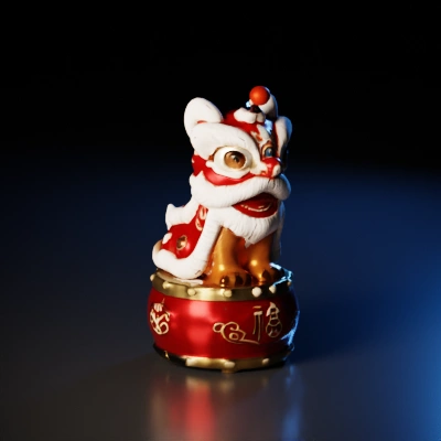 Traditional Chinese lion dance figure, seated on pedestal.