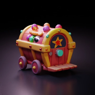 Treasure chest with candies on wheels.