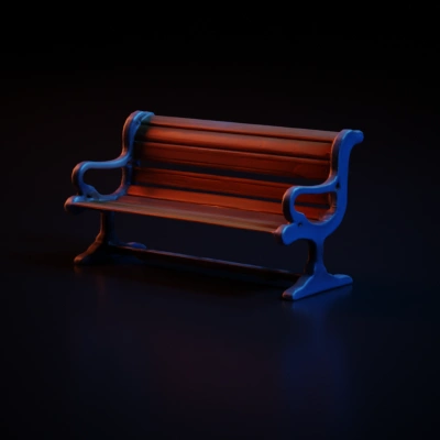 Wooden park bench with metal armrests.
