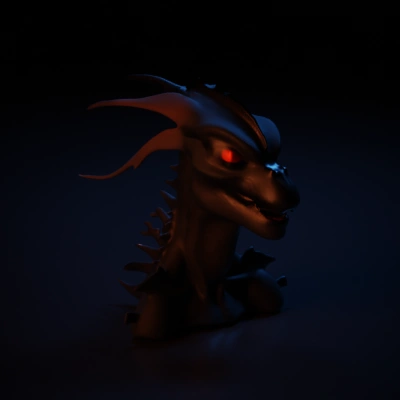 Dragon-like creature, fiery eyes, ridged horns and scales.