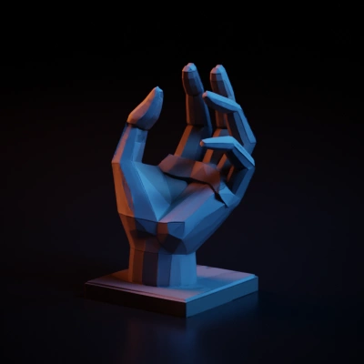 geometric hand sculpture.