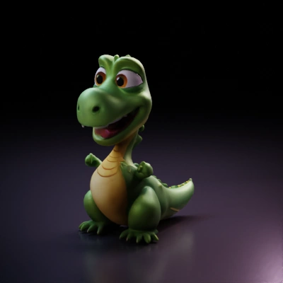 Cartoon dinosaur character with large eyes, smiling expression.
