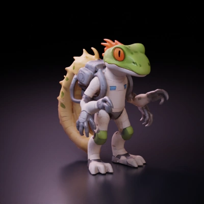 Robot lizard character with mechanical limbs.