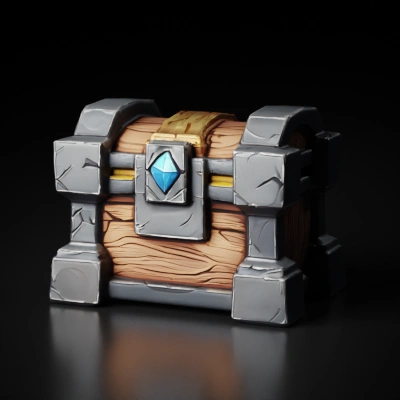 Treasure chest, wooden frame, decorative metal reinforcements.