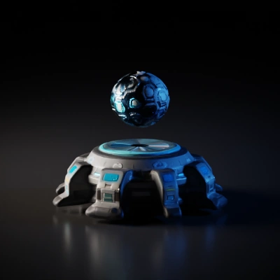 Futuristic floating orb with hexagonal patterns and platform.