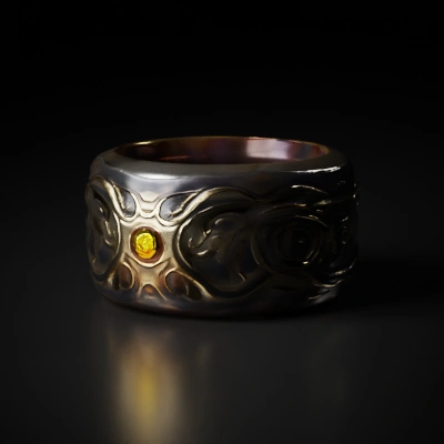 Magical ring with intricate patterns, glowing gem, fantasy object.