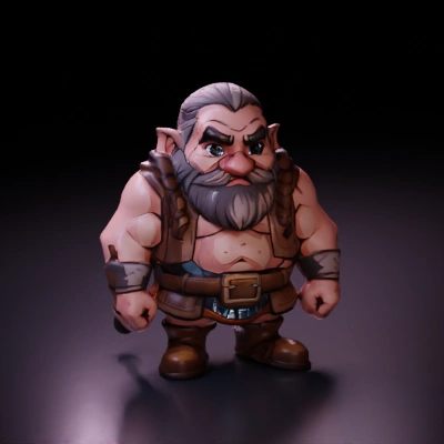 Muscular dwarf warrior with braids, leather armor, hammer.