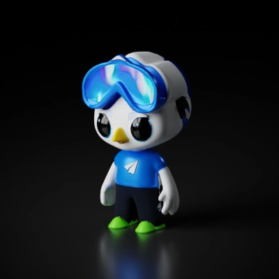 Cartoon penguin wearing goggles and sports attire.