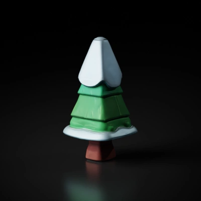 Stylized snow-covered pine tree, cartoon style.