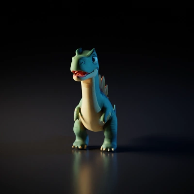 Cartoon dinosaur, upright, smiling character.