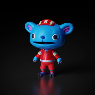Blue bear in red tracksuit.