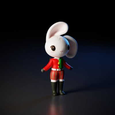 Anthropomorphic rabbit in festive clothing.