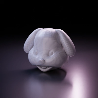 Cartoon dog face with tear, animated expression. symmetric geometry,smooth edges,character.