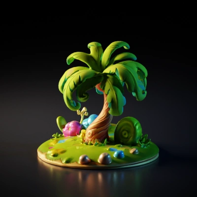 Cartoon palm tree with whimsical decorations.