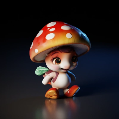 Mushroom-headed smiling character with a backpack.