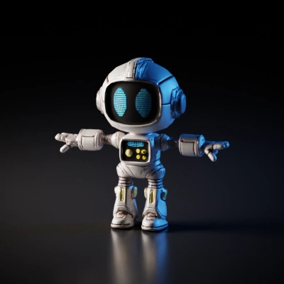 Small robot with LCD screen face, outstretched arms.