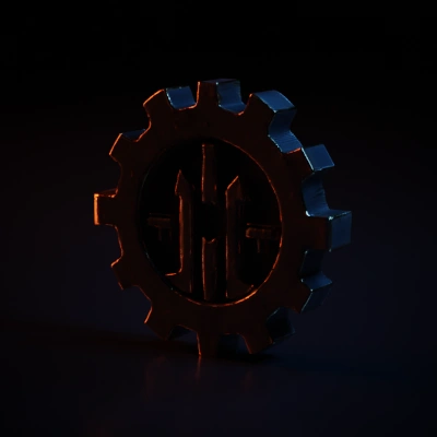 Gear with mechanical emblem, central icon with stylized towers.