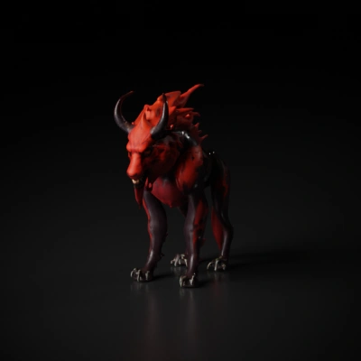 Fierce demonic beast with horns and fiery mane.